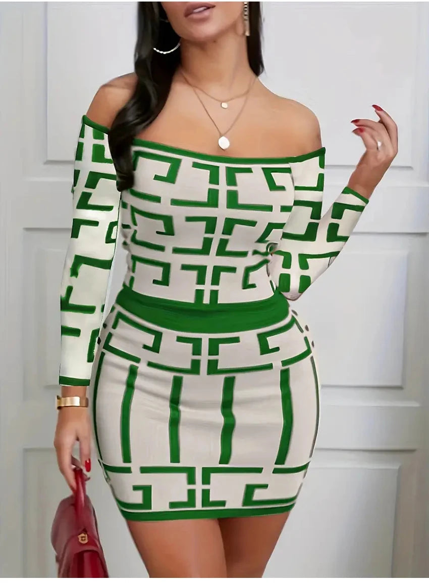Women Fashion Two Piece Set Off-Shoulder Top & High-Waisted Slim Skirt Outfit Clothing Chic Geometric Print