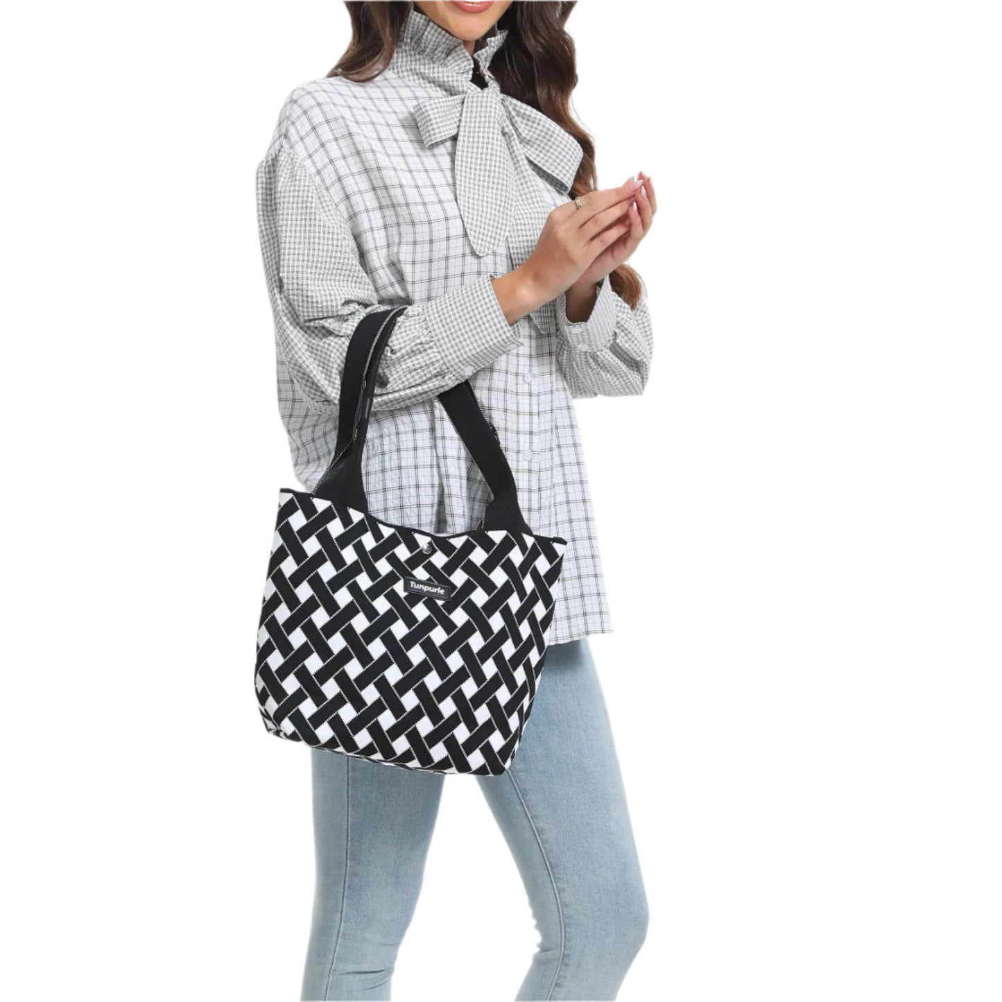 Ladies' classic tote bag, casual black and white handbag