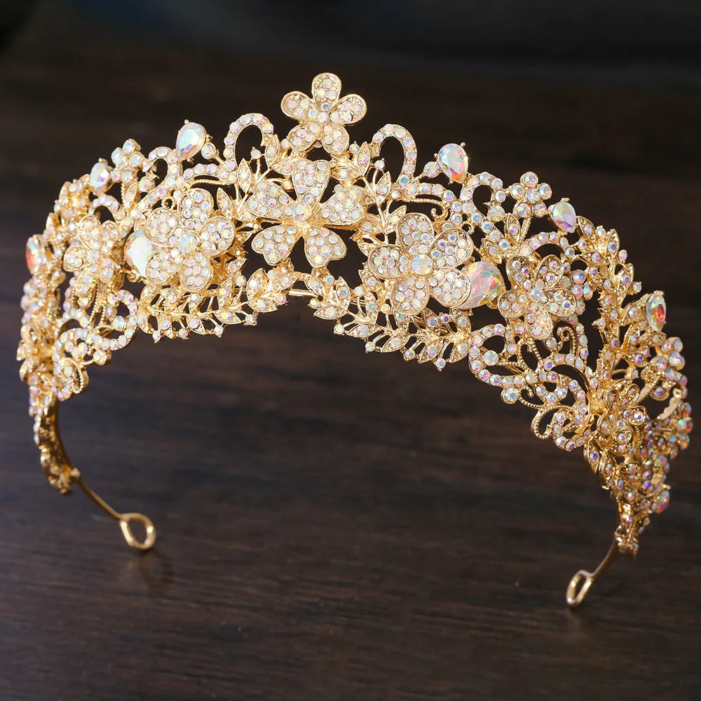 KMVEXO Vintage Baroque Fairy Crowns Bridle Crown Geometric Crystal Elf Tiaras for Women Wedding Costume Flower Design