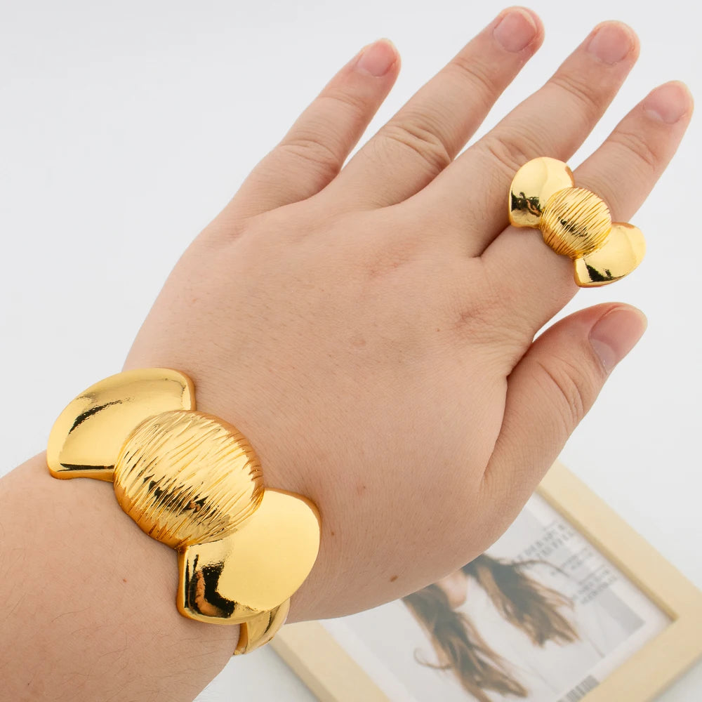 Golden Color Bangle with Ring Set for Party Hand Bracelet Cocktail Ring Bride Set Jewelry