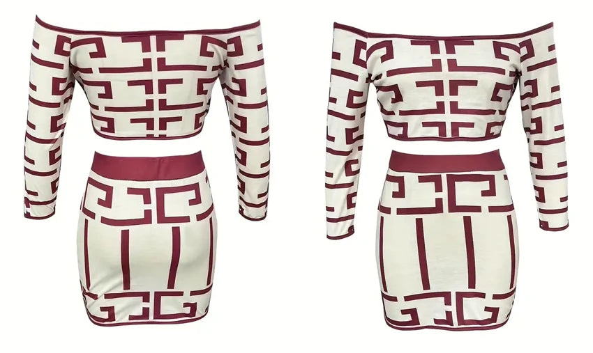 Women Fashion Two Piece Set Off-Shoulder Top & High-Waisted Slim Skirt Outfit Clothing Chic Geometric Print