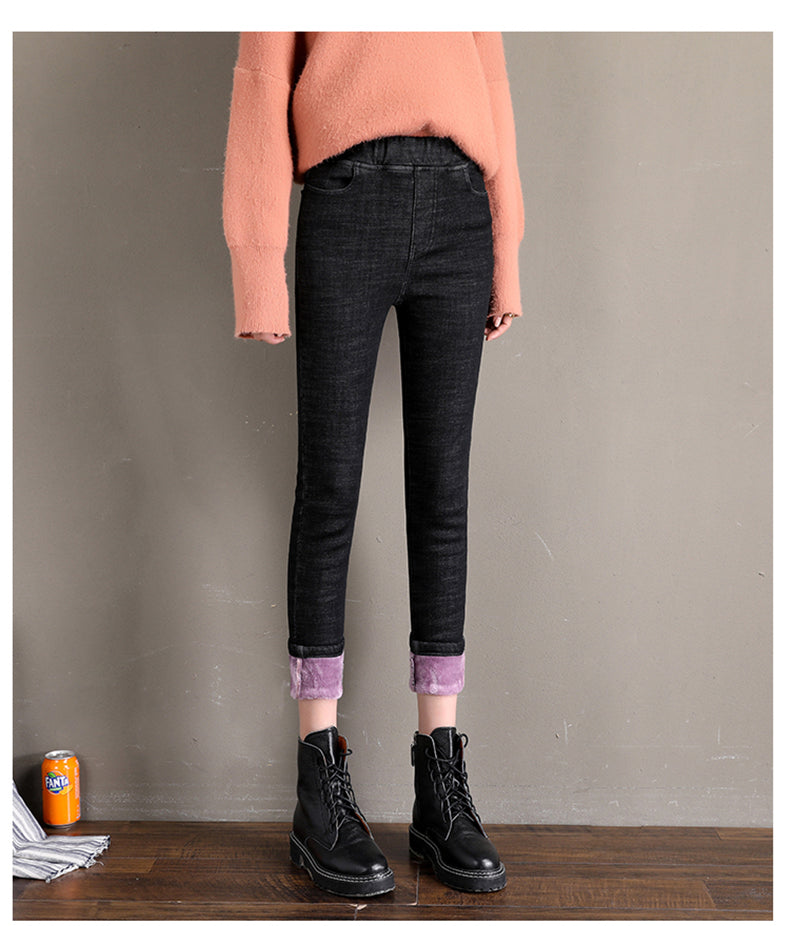 Women Jean Casual Thick Thermal Winter New Skinny Stretch waist Jeans Fleece Pencil Pants Plush Warm Trousers