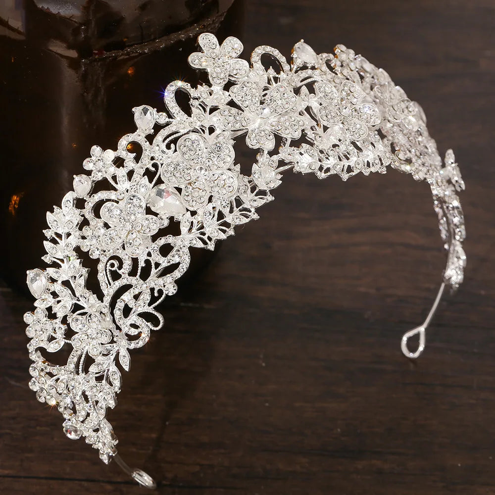 KMVEXO Vintage Baroque Fairy Crowns Bridle Crown Geometric Crystal Elf Tiaras for Women Wedding Costume Flower Design