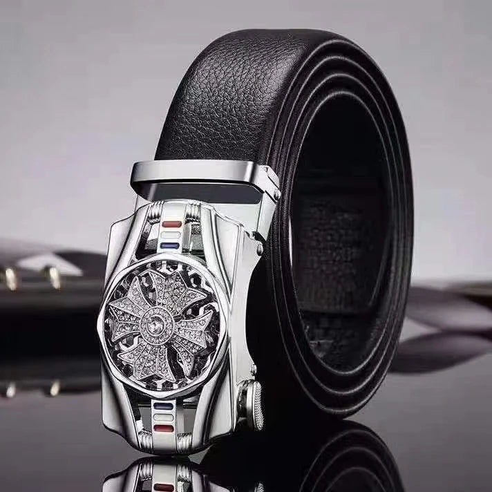 Men Genuine Leather Belt Metal Rotatable Buckle Adjustable Leather Belt