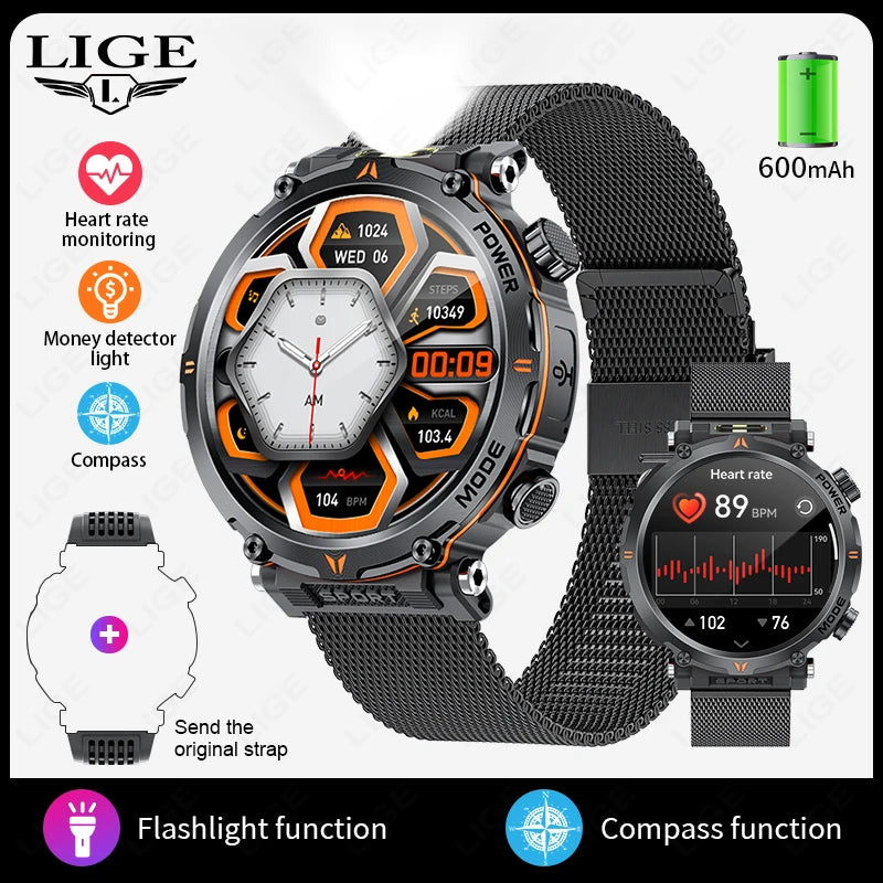 LIGE Smart Watch 600mah Battery LED Flashlight Compass Military Sport Watches Bluetooth Call Waterproof