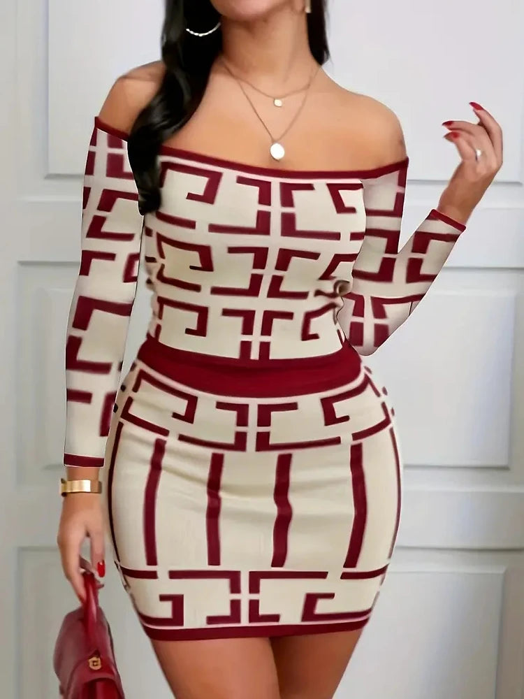 Women Fashion Two Piece Set Off-Shoulder Top & High-Waisted Slim Skirt Outfit Clothing Chic Geometric Print
