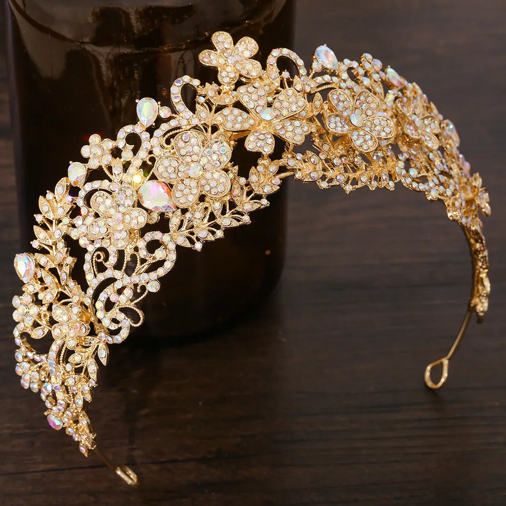 KMVEXO Vintage Baroque Fairy Crowns Bridle Crown Geometric Crystal Elf Tiaras for Women Wedding Costume Flower Design