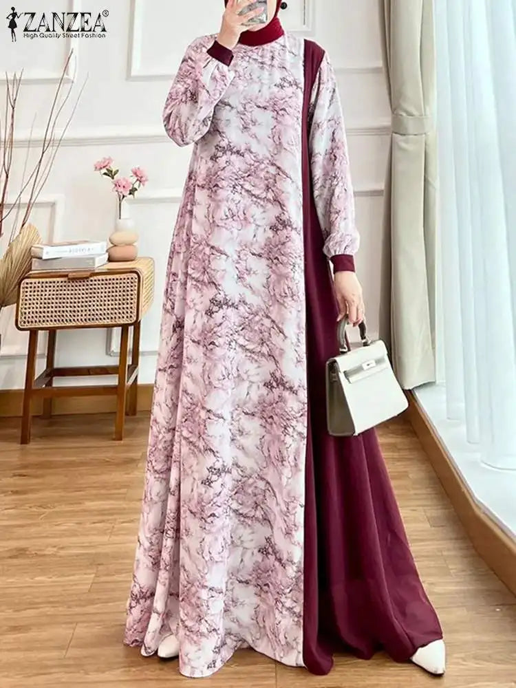 Women Abaya Spring Patchwork Maxi ZANZEA Floral Printed Long Dress Robe Femme Long Sleeve