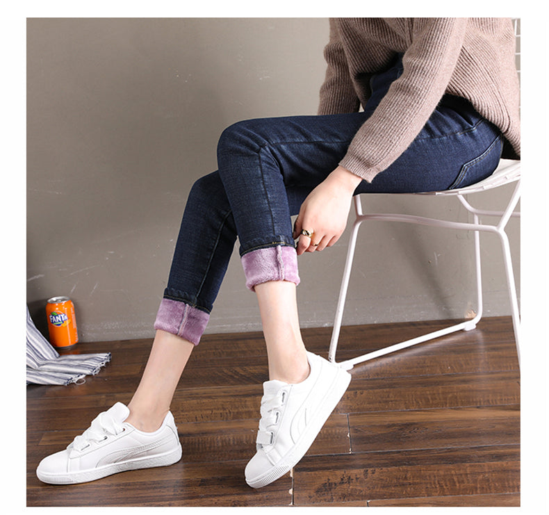 Women Jean Casual Thick Thermal Winter New Skinny Stretch waist Jeans Fleece Pencil Pants Plush Warm Trousers