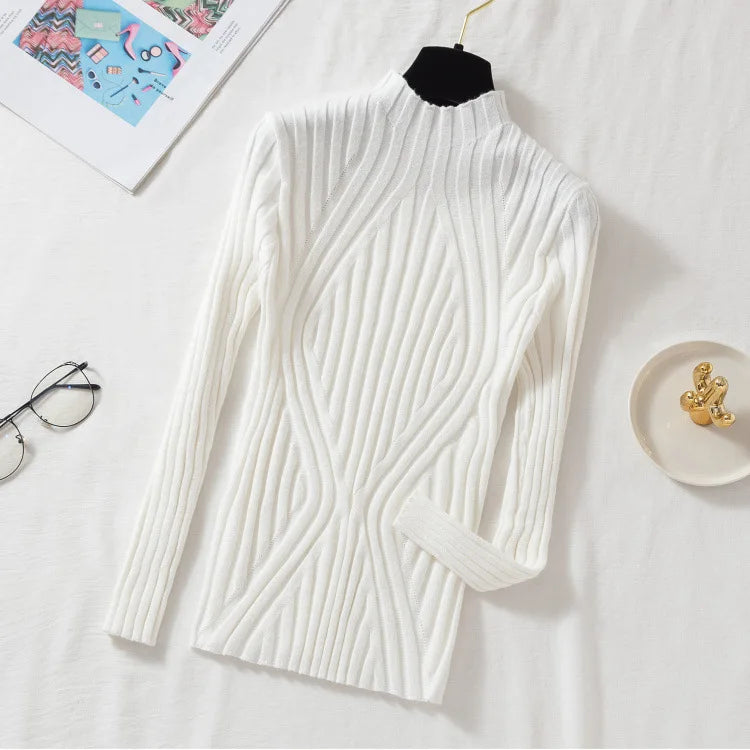 Women Pullover Knitted Sweater Half Turtleneck Jumper Sweater Autumn Winter Solid Slim Chic Streetwear Long Sleeve