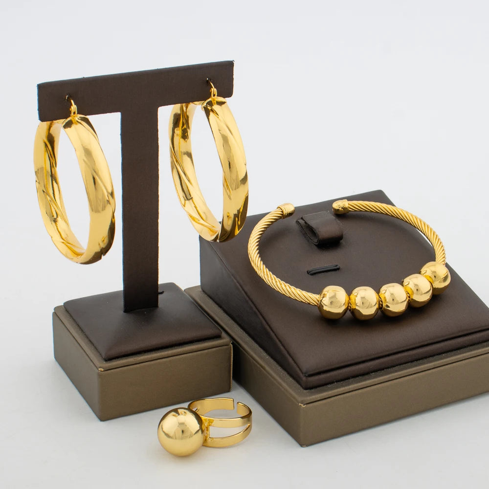 Gold Plated Jewelry Set Hoop Earring and Bangle Ring Set with Bracelet Ring