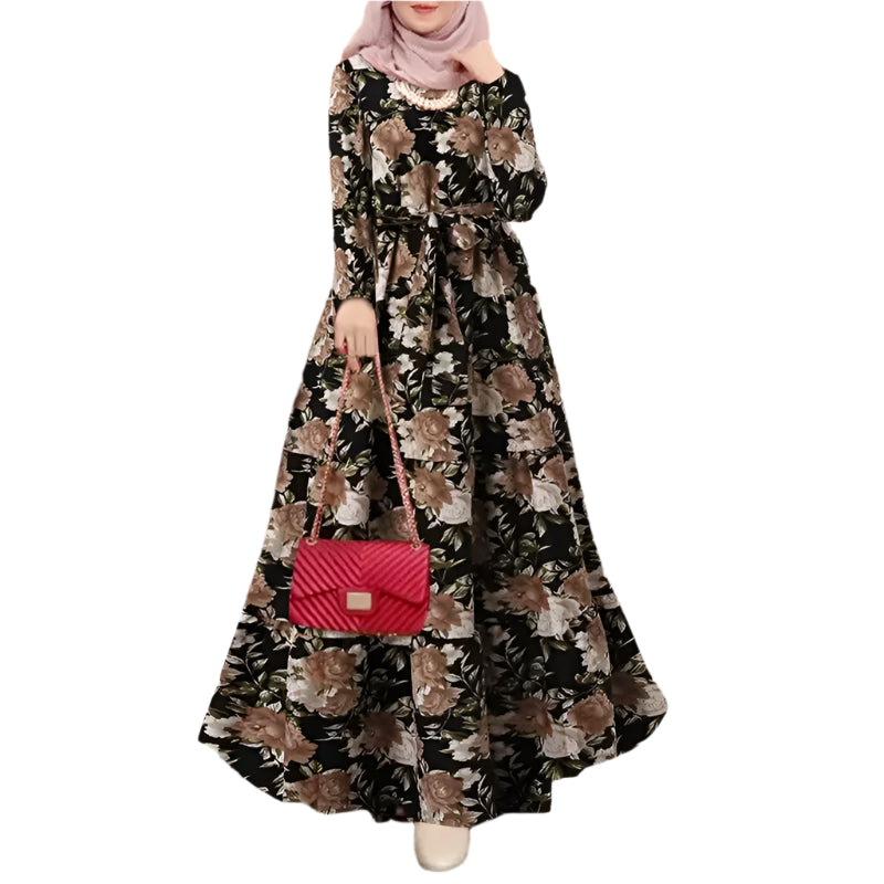 Long Gown Jalabiya Muslim & Arabic Women Dress, Boho Print Dress Long Sleeve Belted Kaftan Muslim