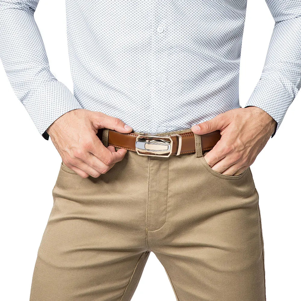 Men Genuine Leather Belt Metal Alloy Automatic Buckle Adjustment 150cm Size