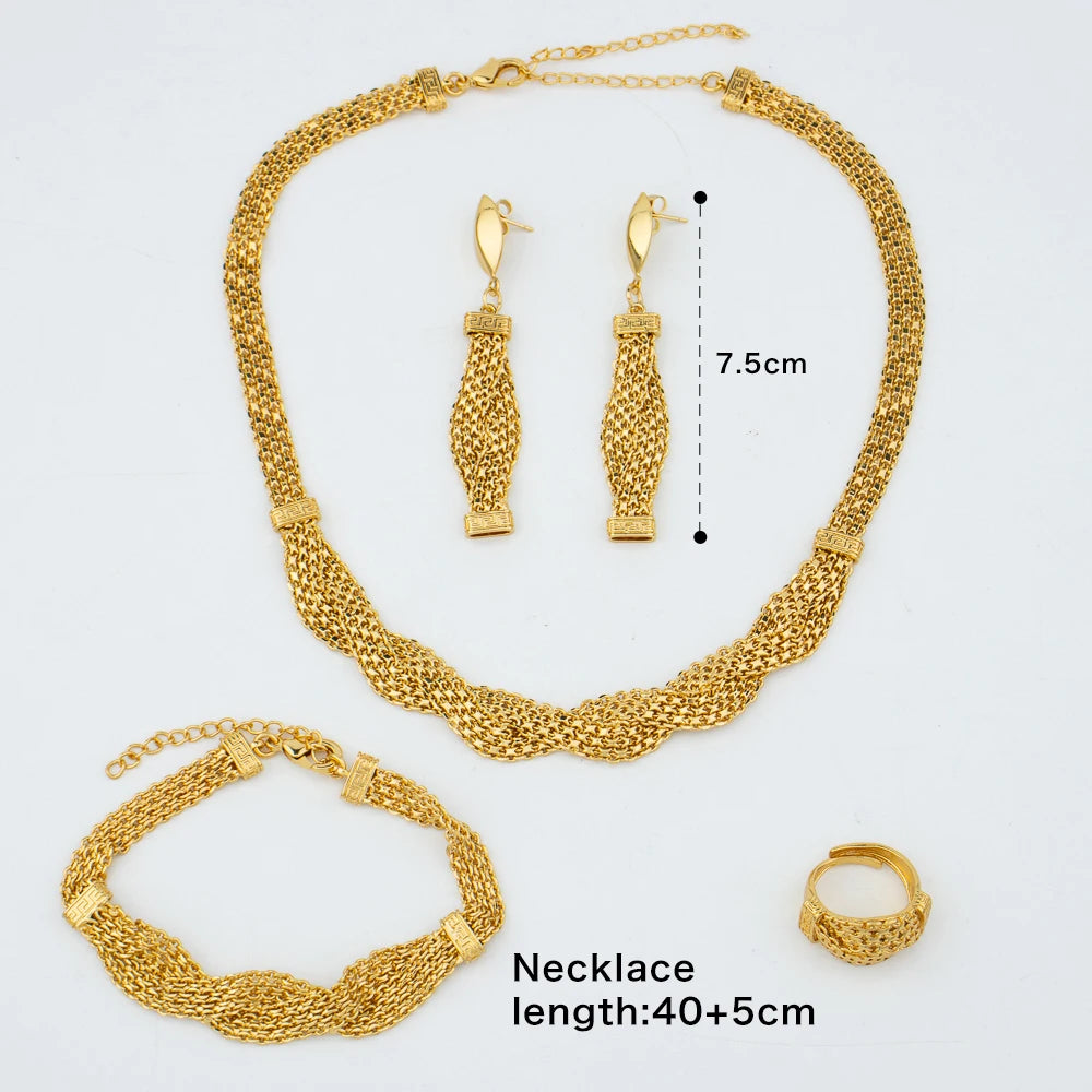 Golden Color Choker Necklace with Earrings and Bracelet Ring Jewelry Twist Design Jewelry