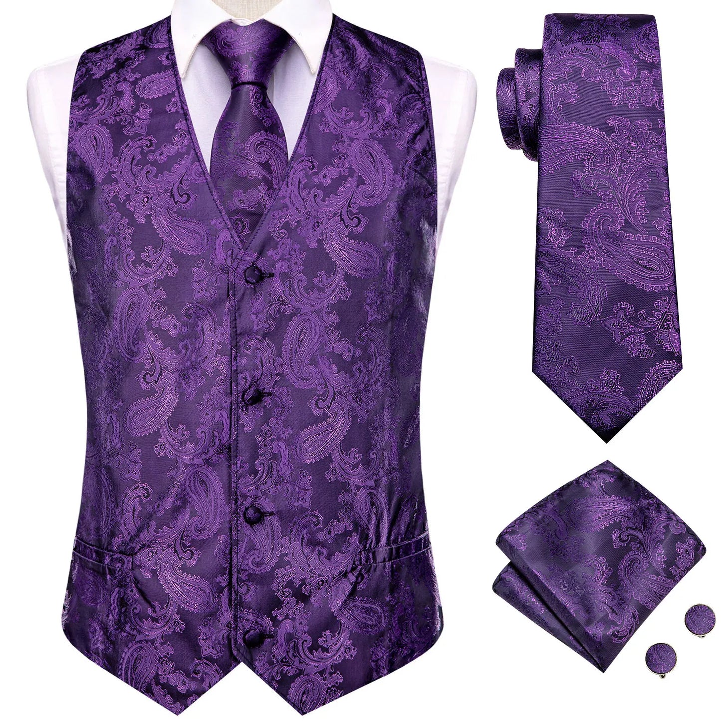 Men Suit Vests Hi-Tie Silk 4PC Woven Black Paisley Waistcoat Tie Pocket Square Cufflinks Business Wedding Dress Waist Jacket