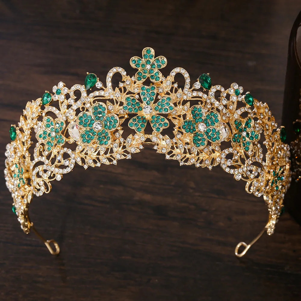 KMVEXO Vintage Baroque Fairy Crowns Bridle Crown Geometric Crystal Elf Tiaras for Women Wedding Costume Flower Design