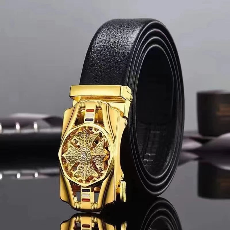 Men Genuine Leather Belt Metal Rotatable Buckle Adjustable Leather Belt