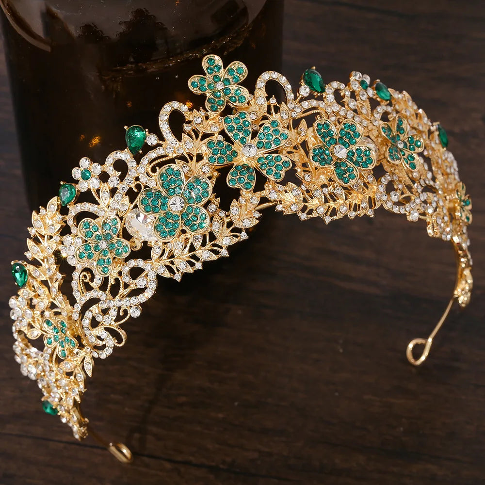 KMVEXO Vintage Baroque Fairy Crowns Bridle Crown Geometric Crystal Elf Tiaras for Women Wedding Costume Flower Design