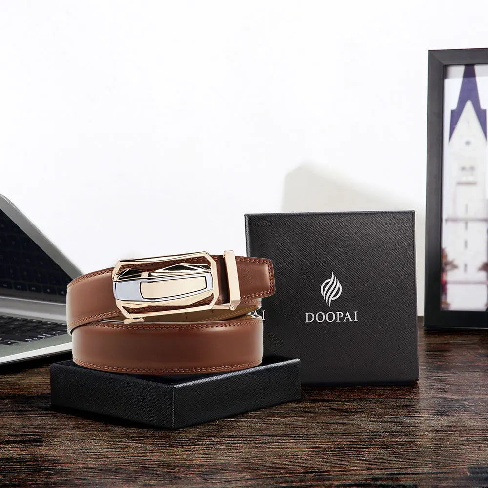 Men Genuine Leather Belt Metal Alloy Automatic Buckle Adjustment 150cm Size