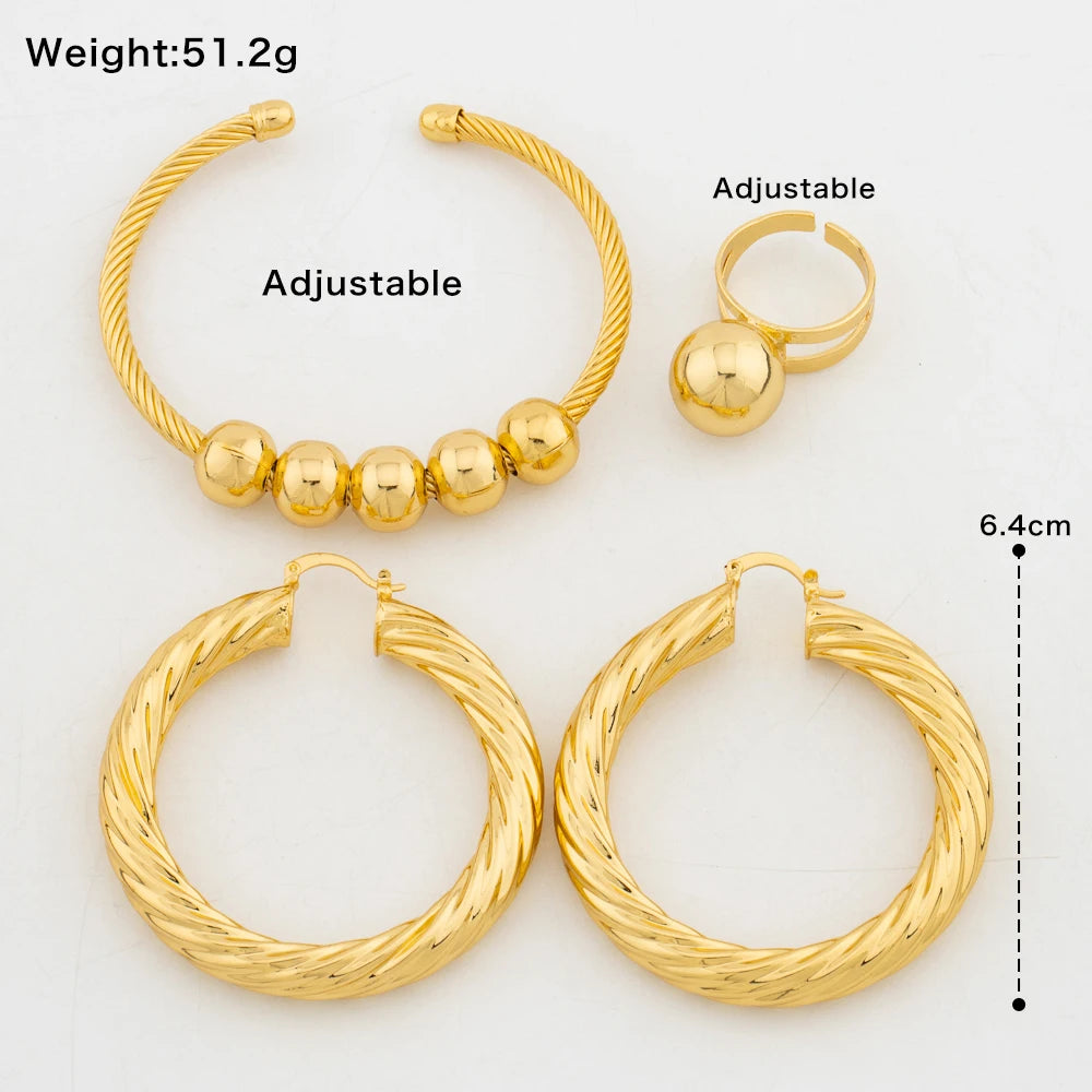 Gold Plated Jewelry Set Hoop Earring and Bangle Ring Set with Bracelet Ring