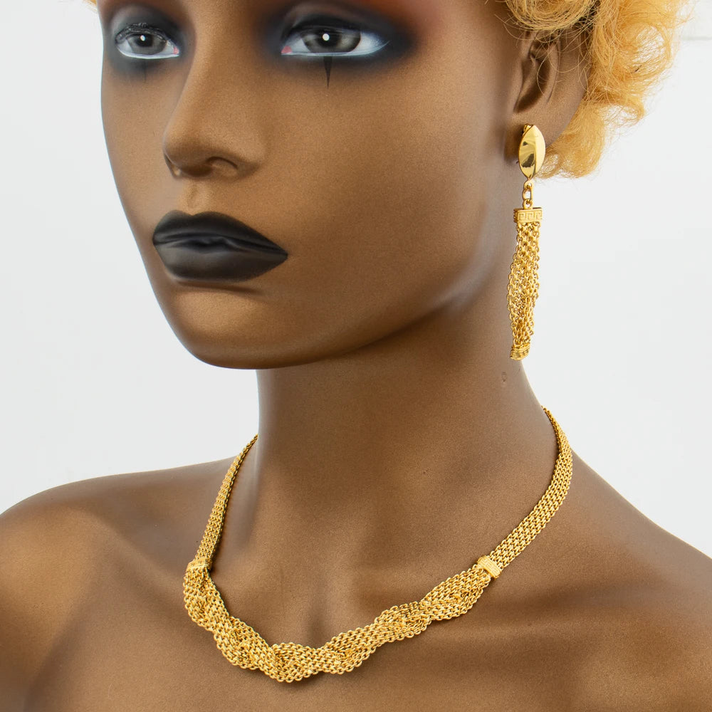 Golden Color Choker Necklace with Earrings and Bracelet Ring Jewelry Twist Design Jewelry