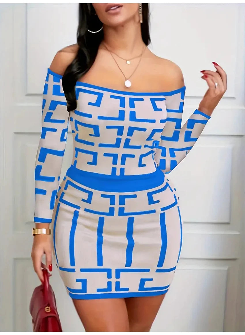 Women Fashion Two Piece Set Off-Shoulder Top & High-Waisted Slim Skirt Outfit Clothing Chic Geometric Print