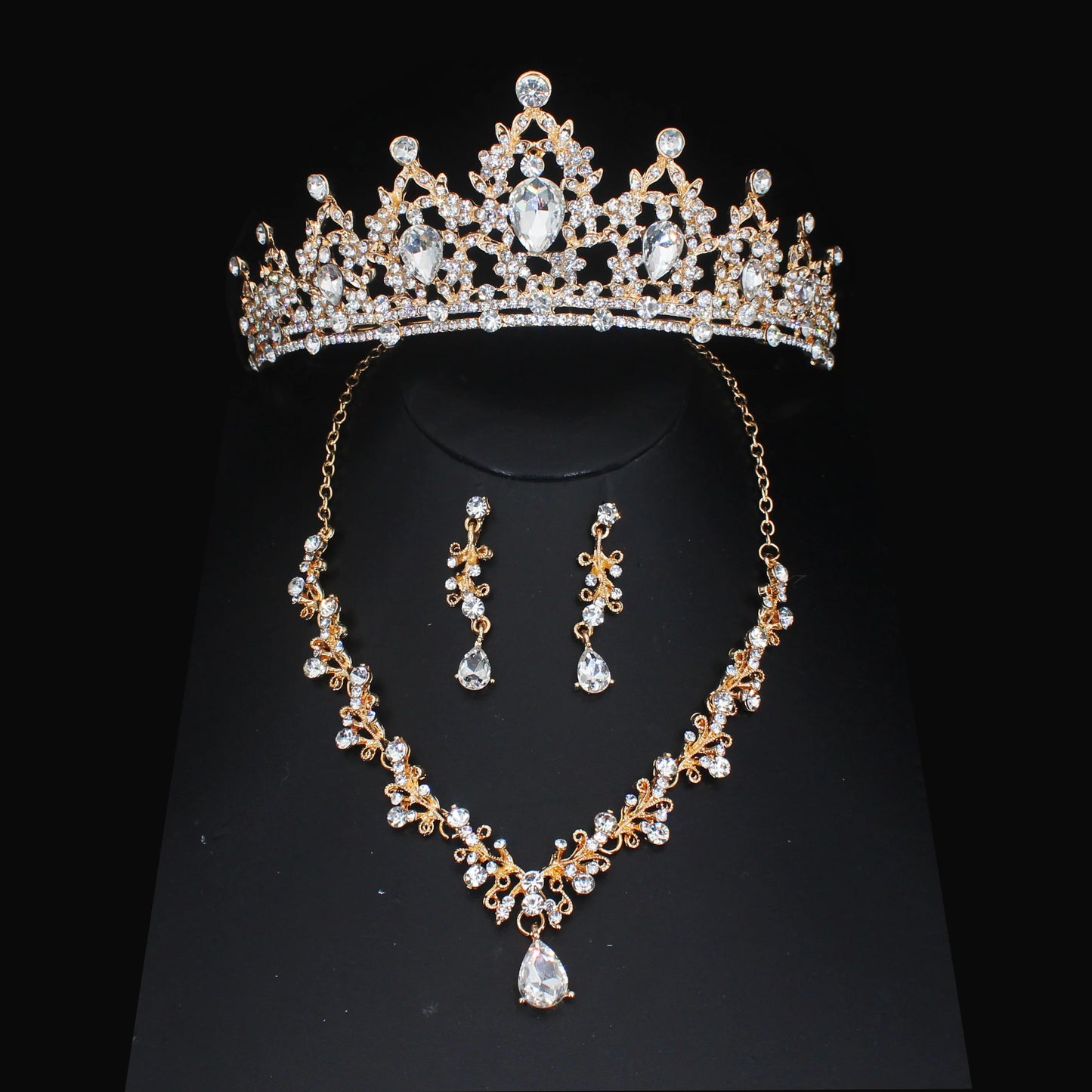 Crystal Wedding Bridal Jewelry Sets Women/Girl Gold Color Tiara/Crown Earrings Choker Necklace Bride Jewelry Set
