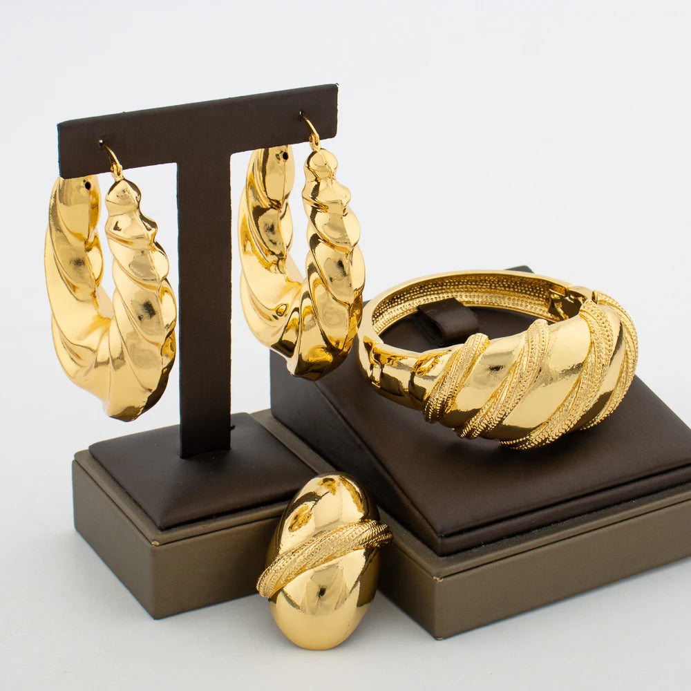 Gold Plated Jewelry Set Hoop Earring and Bangle Ring Set with Bracelet Ring
