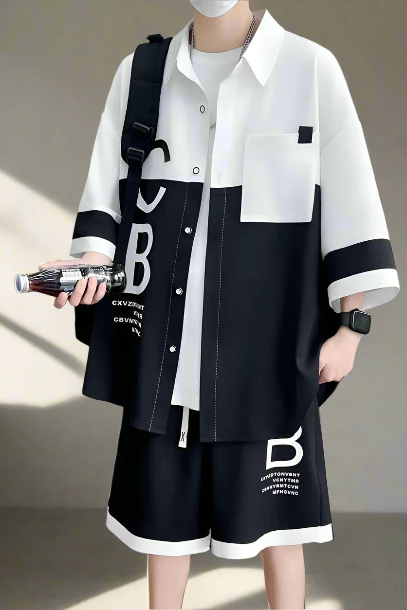 Short Sleeve Shirt and Shorts Pant, Korean Fashion Tracksuit for Men, Patchwork printing Joggers, 2 Piece Suit