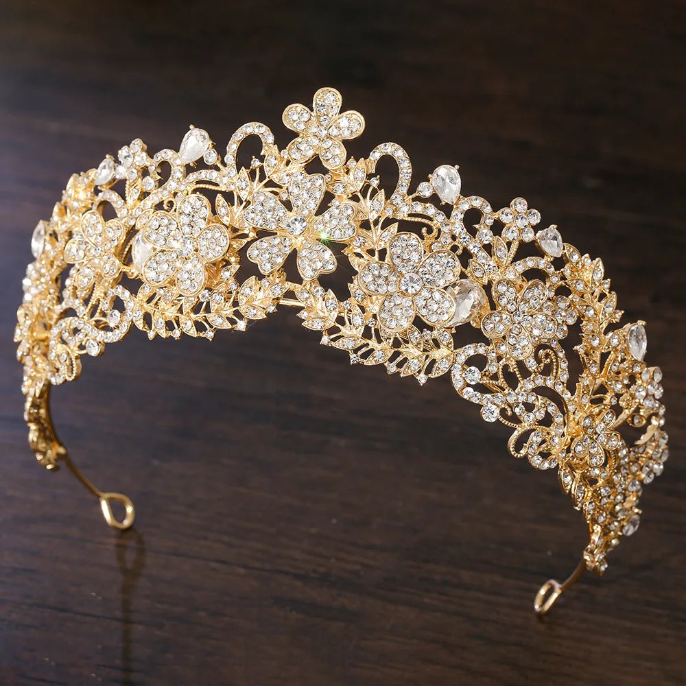 KMVEXO Vintage Baroque Fairy Crowns Bridle Crown Geometric Crystal Elf Tiaras for Women Wedding Costume Flower Design