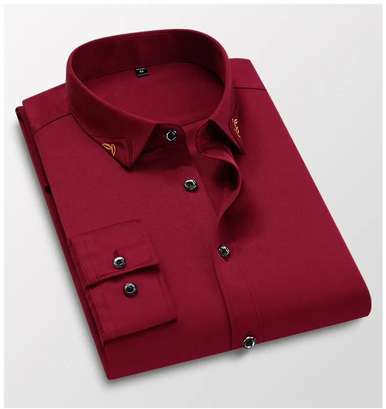 Men's Shirt Long-sleeved Lite Embroidered Business Shirt Classic Slim Formal Male Brand Dress