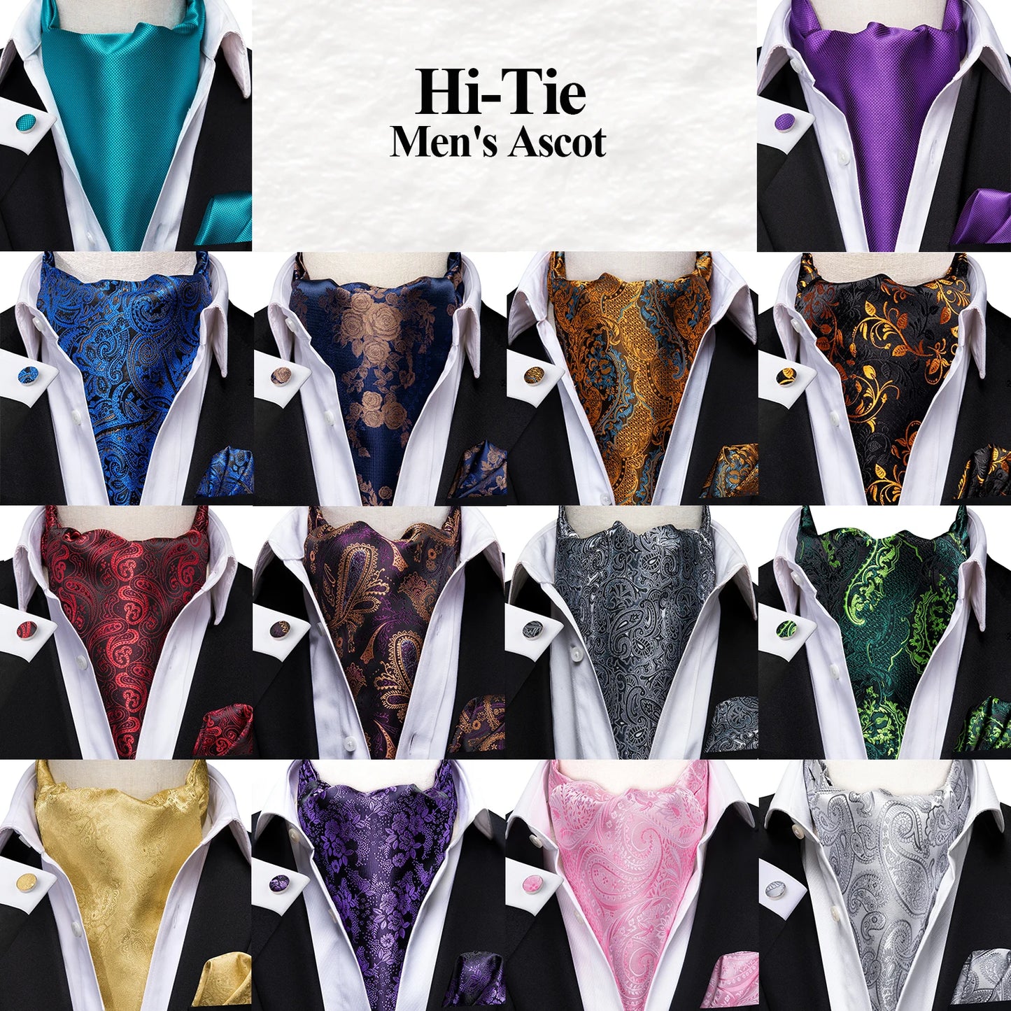Men's Ascot Pocket Square Cufflinks Set Hi-Tie Silk Jacquard Floral Paisley Cravat Tie Male Formal Wedding Prom