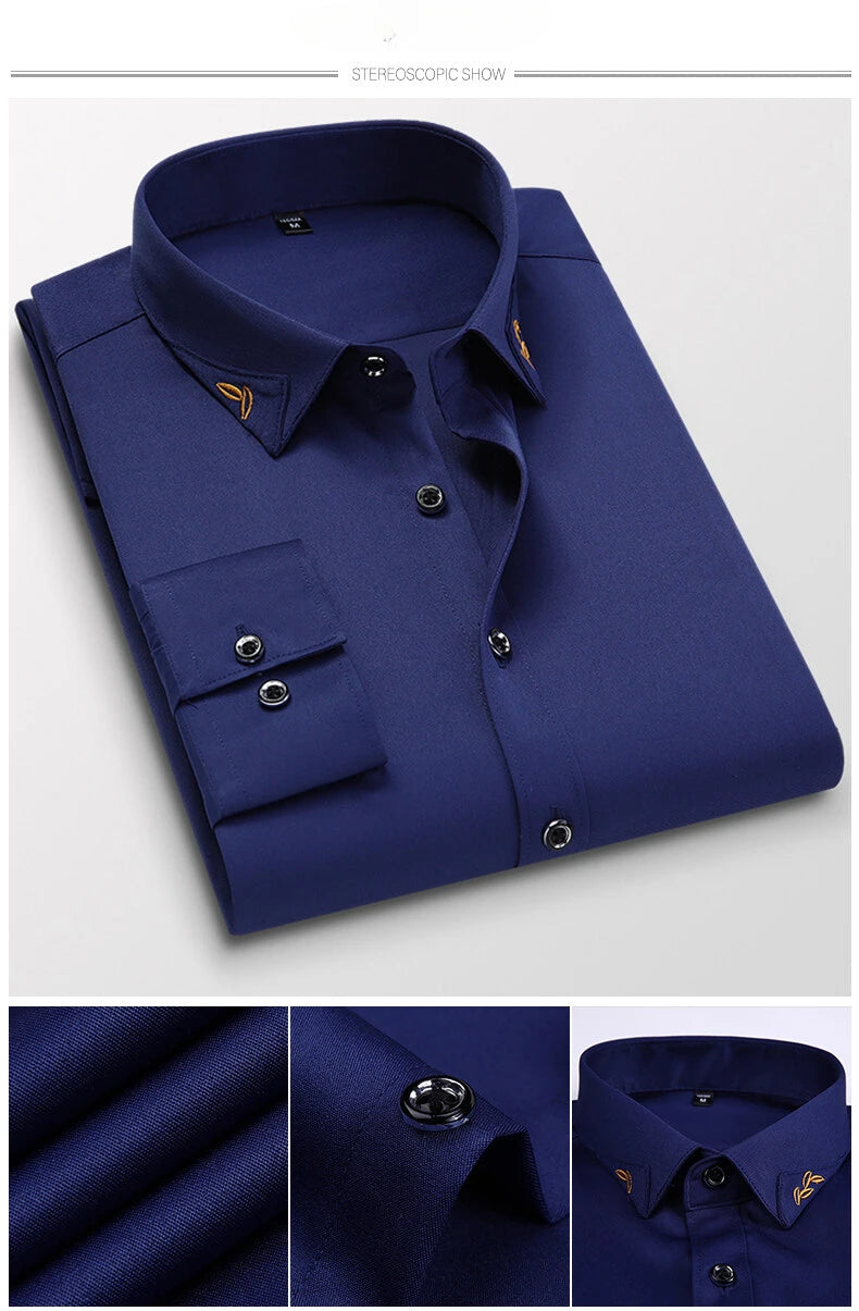 Men's Shirt Long-sleeved Lite Embroidered Business Shirt Classic Slim Formal Male Brand Dress