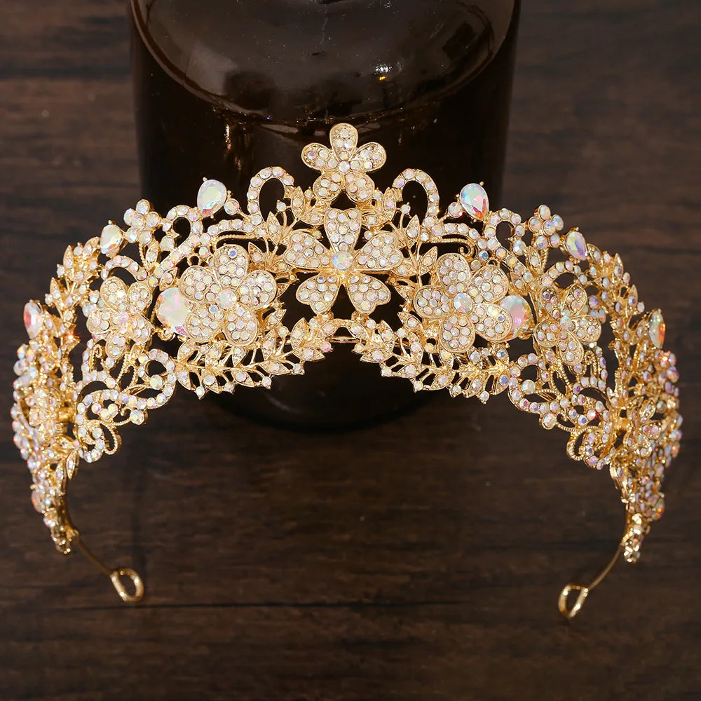 KMVEXO Vintage Baroque Fairy Crowns Bridle Crown Geometric Crystal Elf Tiaras for Women Wedding Costume Flower Design