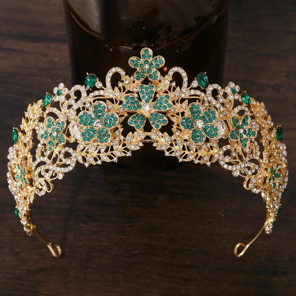 KMVEXO Vintage Baroque Fairy Crowns Bridle Crown Geometric Crystal Elf Tiaras for Women Wedding Costume Flower Design