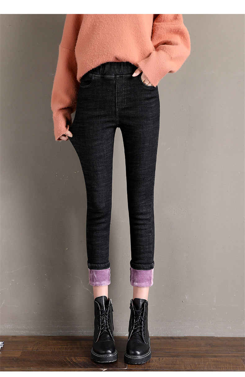 Women Jean Casual Thick Thermal Winter New Skinny Stretch waist Jeans Fleece Pencil Pants Plush Warm Trousers