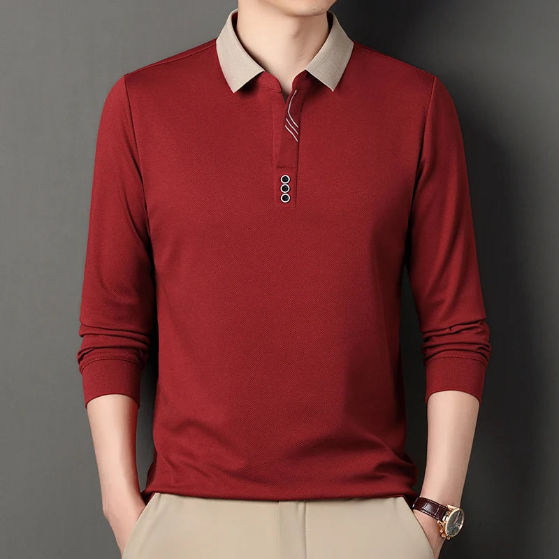 Men's Polo T-Shirt Casual Waffle Long Sleeve T-shirt Spring Autumn Elastic Lapel Base Shirt Top Brand Male Clothes