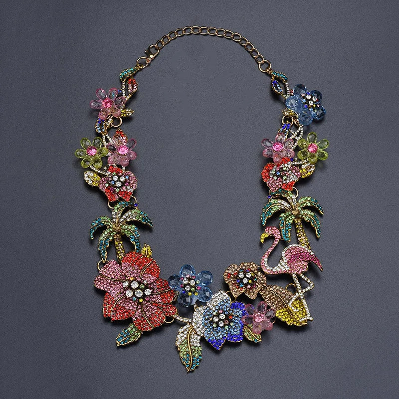 Necklace Colorful Crystal Rhinestone Flower Flamingo Necklace Choker Necklace
