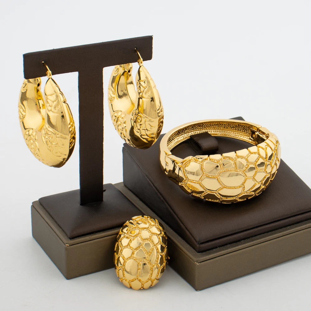 Gold Plated Jewelry Set Hoop Earring and Bangle Ring Set with Bracelet Ring