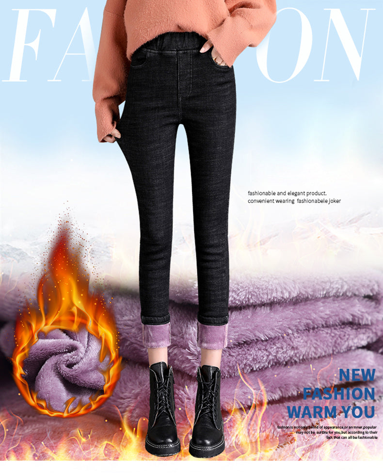 Women Jean Casual Thick Thermal Winter New Skinny Stretch waist Jeans Fleece Pencil Pants Plush Warm Trousers