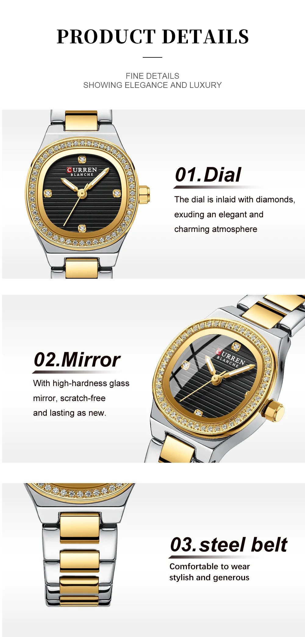Women Quartz Watch CURREN Casual Wristwatches Ladies Stainless Steel Bracelet with Luminous Hands