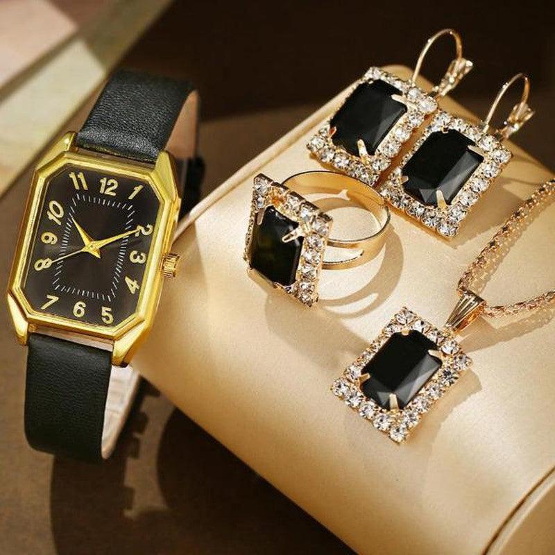 Square Quartz Watch Leather Belt Along With Matching Necklace and Earring Sets.