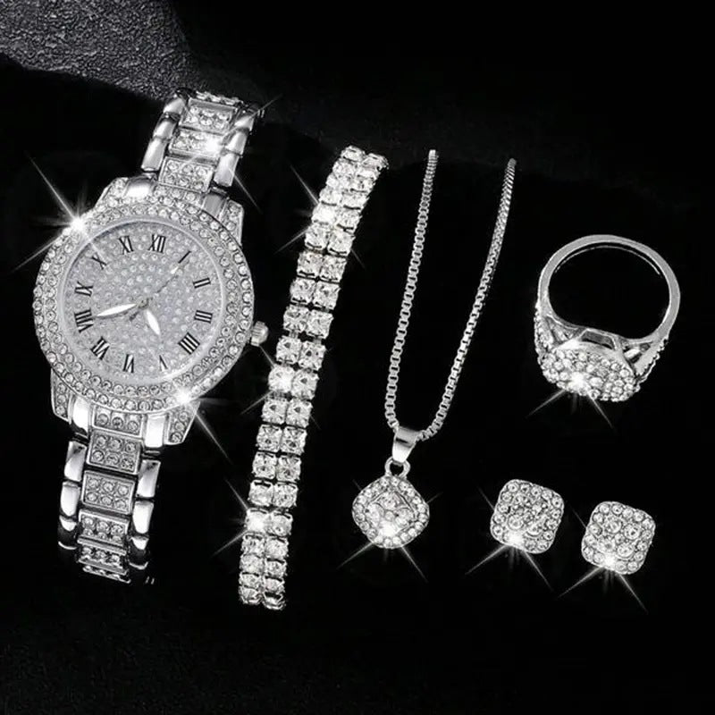 Roman Number Quartz Watch, Bracelet, Necklace, Earing, Ring 5pcs Set, Diamond Style