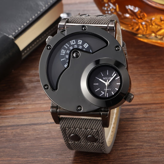 Men's Watch Vintage Dual-Time Display with Studded Details, Denim Strap, Quartz Movement, Round Alloy Case, Electronic Drive, Non-Waterproof - Fashionable Large Dial Wristwatch for Men