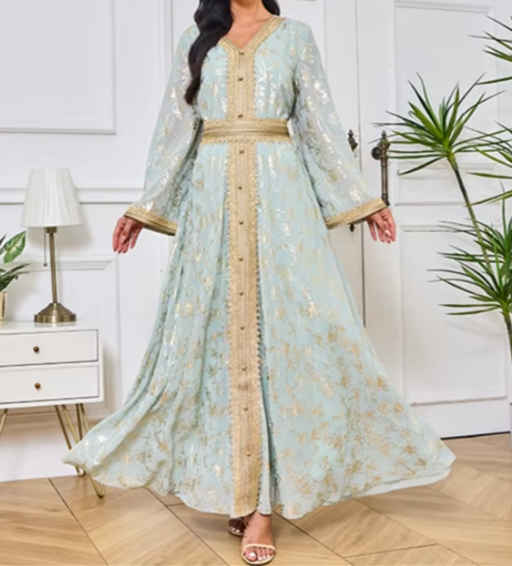 Long Gown Jalabiya Muslim & Arabic Women Dress, Long Sleeves Elegant V Neck Gold Lace Casual Dresses & Formal