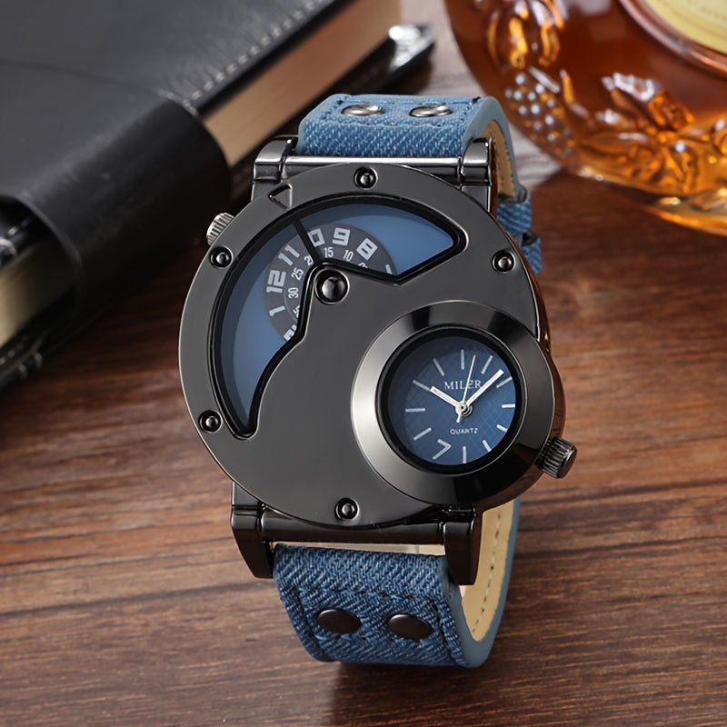 Men's Watch Vintage Dual-Time Display with Studded Details, Denim Strap, Quartz Movement, Round Alloy Case, Electronic Drive, Non-Waterproof - Fashionable Large Dial Wristwatch for Men