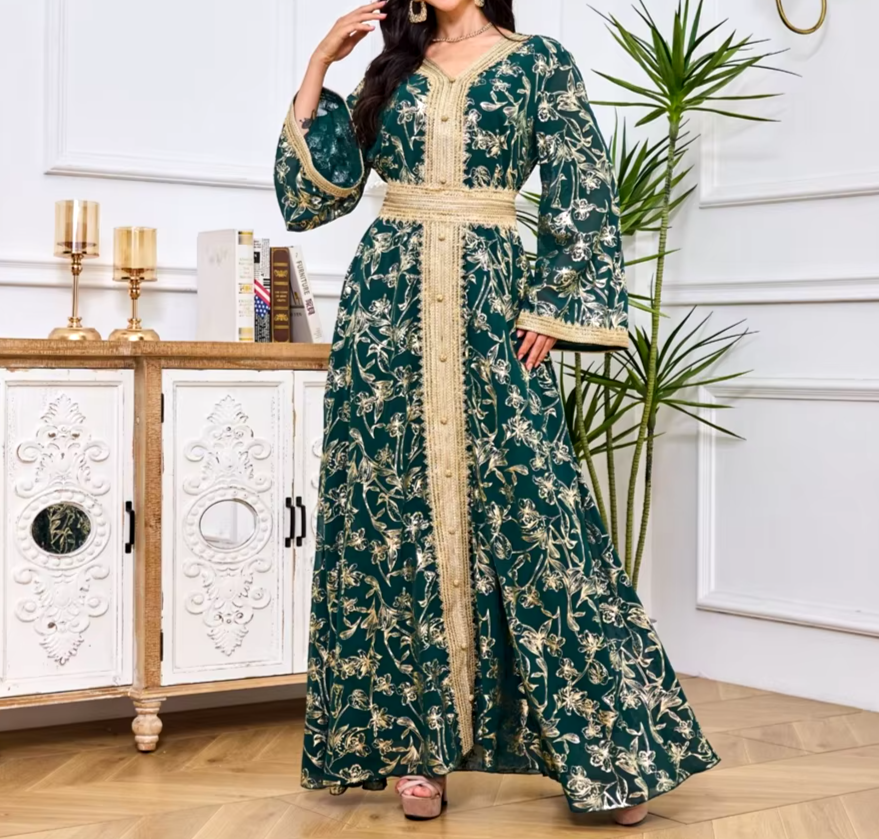 Long Gown Jalabiya Muslim & Arabic Women Dress, Long Sleeves Elegant V Neck Gold Lace Casual Dresses & Formal