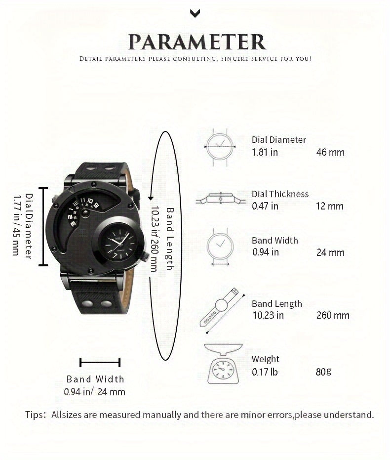 Men's Watch Vintage Dual-Time Display with Studded Details, Denim Strap, Quartz Movement, Round Alloy Case, Electronic Drive, Non-Waterproof - Fashionable Large Dial Wristwatch for Men