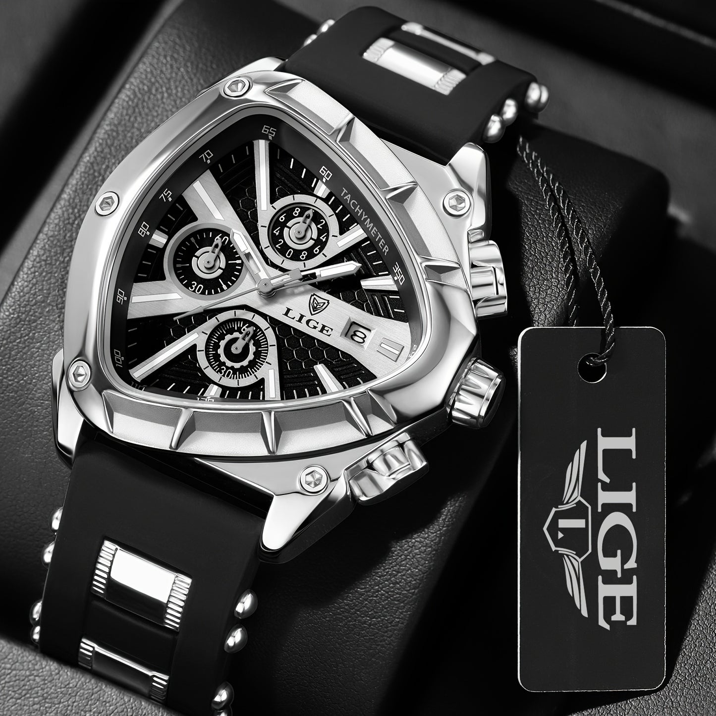 LIGE Polygonal Men's Quartz Watch, Calendar, Multi-functional, Night Light Watch