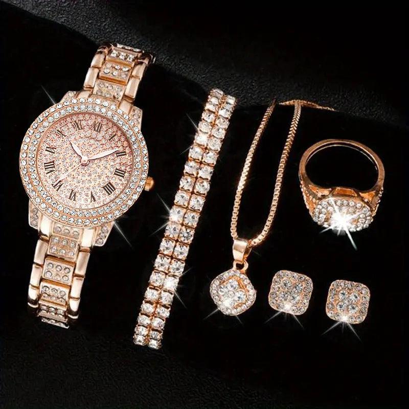 Roman Number Quartz Watch, Bracelet, Necklace, Earing, Ring 5pcs Set, Diamond Style